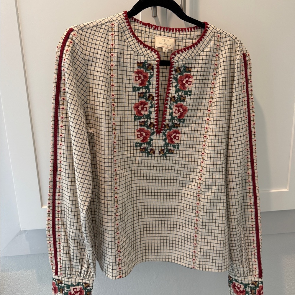 Sezane White and Red Graphic Embellished Blouse